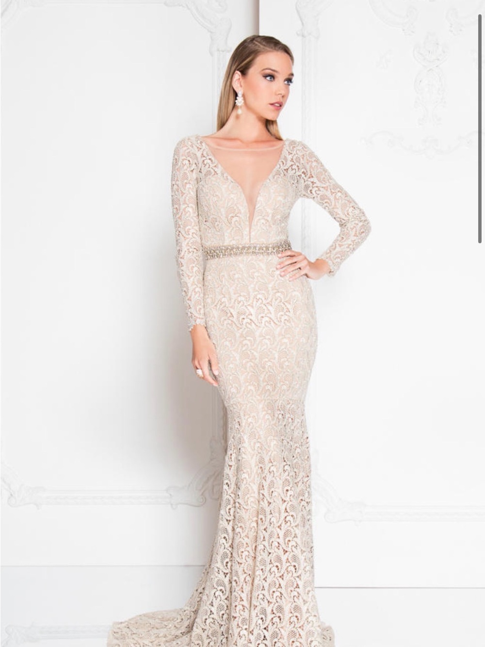 NWT Terani Couture Lace Long Sleeve Evening Gown Beaded Maxi Dress Size 8